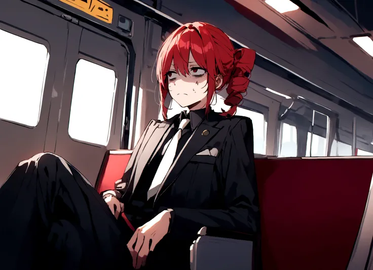 Red hair、Black Suit、Painful face、on the train、Sitting