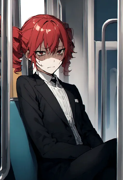 red hair、black suit、painful face、on the train、sitting