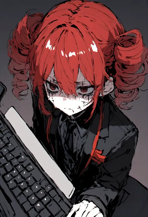 Red hair、Black Suit、Painful face、Sit in front of your computer、Typing