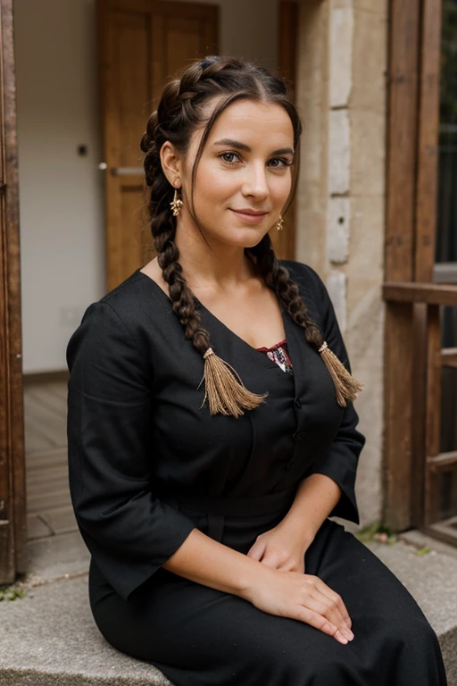 Une femme de 30ans de teint claire, ayant une grosse poitrine, black and braided hair, traditionally dressed