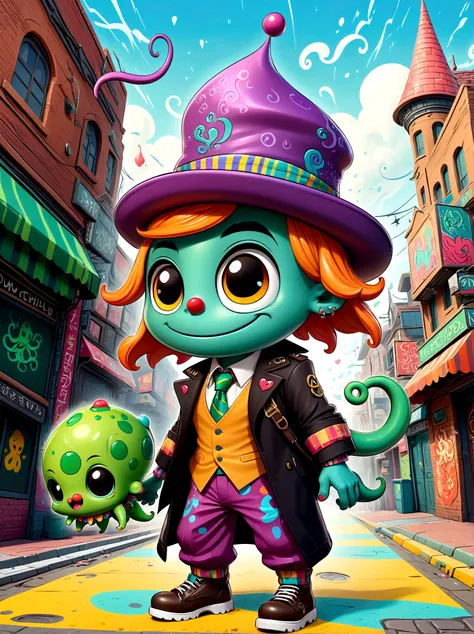 (masterpiece，Best quality:1.2)，Graffiti style，Cartoon Characters，Vector illustration，(A Cthulhu monster:1.5)，Dress up as a clown，With a mischievous smile on his face，Eyes wide open，sparkling，His figure is slender，Dressed in chaotic and brightly colored clo...