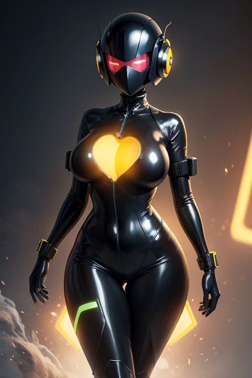 Dronificated unknown woman in a fully enclosed black latex fullbody suit with yellow lights across the suit and heart shaped glowing core in the chest, fully enclosed cyber helmet that cover her whole face and hides her identity with only two glowing yello...