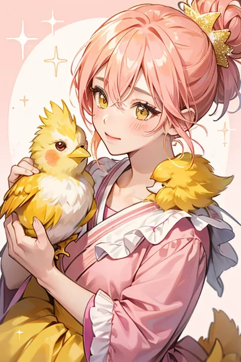 Riyotchi is a yellow chick with an orange beak, pink blush, and hair tied up in two buns.  SPARKLE; GLITTER