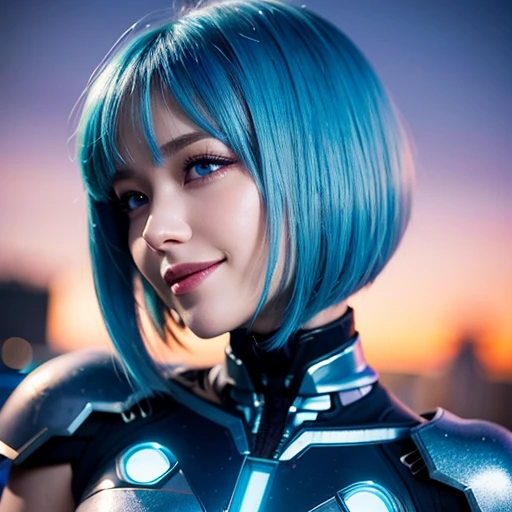 highest quality, Ultra-high resolution, anime、Intricate metallic clothing、Upper Body、cyber punk、One Girl、protector、Illumination、Looking at this、Sky Blue Hair、sexy、Slender、smile、Glowing Skin、Short Bob Hair、front、Profile photo