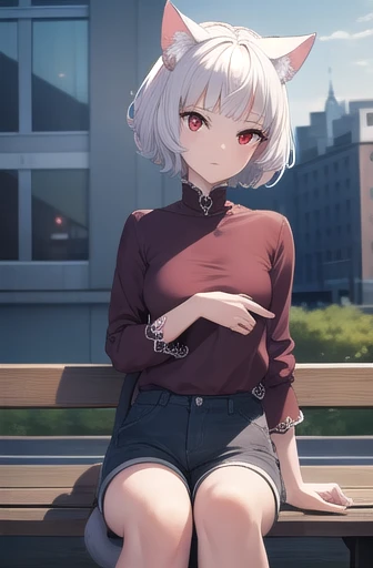 neferpitou, neferpitou, short hair, (red eyes:1.5), long sleeves, animal ears, tail, white hair, shorts, cat ears, cat tail, curly hair, (small breast:1.2), BREAK looking at viewer, BREAK outside, BREAK (masterpiece:1.2), best quality, high resolution, uni...