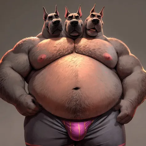 solo, great dane, three identical heads on one body, gray fur, bald, great dane ears, masculine, necks, (eyes), adult, male, 50 years old, (stylized 3d, by disney, by rembrandt, by pixar, by dramamine), obese, solid gray background, (shirtless, underpants)...