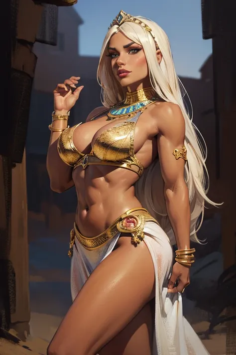 ((ultra realistic illustration:1.2)),(dark fantasy:1.4), In a desert kingdom. Beautiful exotic princess, long white hair, electric blue eyes. dark tan skin, gorgeous fit figure, toned legs,natural breasts, abs, perfect round ass, perfect skin, ancient Pers...