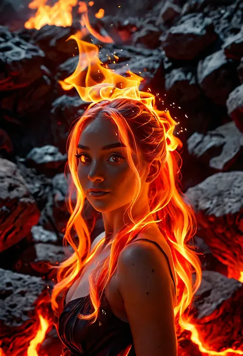 cinematic photo (fire_hair:1.9), 1woman, fire waifu, fire made tube dress, inside lava pool (relaxed), red eyes, cute eyes, lava flowing from her hands, full shoot shoot, realistic, professional photography,  fire element, composed of fire elements hrglw, ...