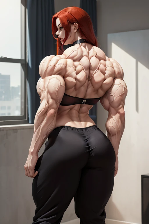 ((((Massive, beautiful, buff, pale white skinned muscular woman with red hair, black lipstick, ginormous bulky muscles, showing back muscles next to a window and wearing a silk black bra with black silk pajamas pants)))), (close view), massive muscle, mass...