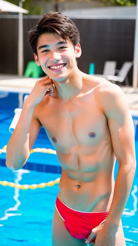 male Age 18 swimwear lifeguard topless smile