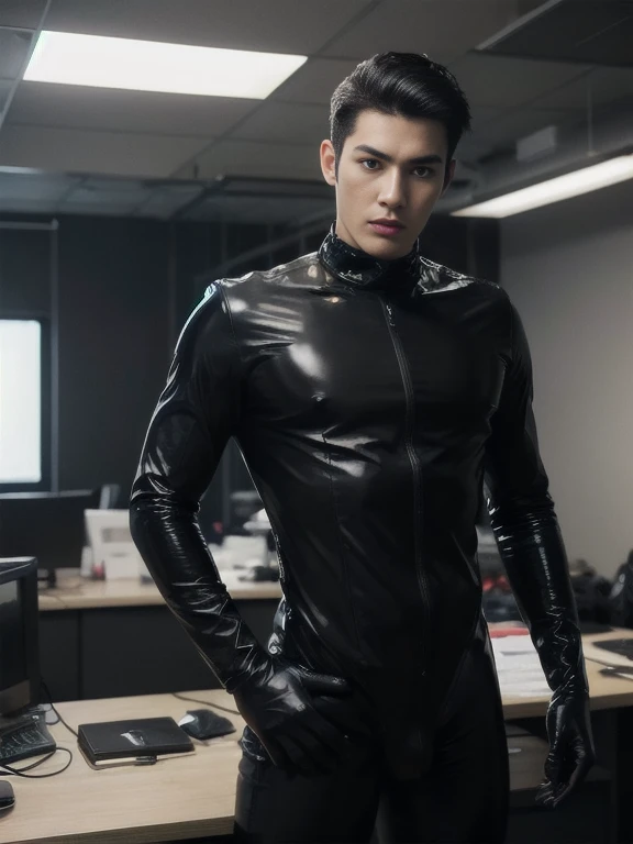 Skin is not shown Skin is covered with black latex High quality High quality High quality real penis Handsome man 20 years old sucking penis,a daddy,tight black tight suit,in the office,muscle, gay ,black hair,asia face,masculine,,handsome,sex,leather glov...