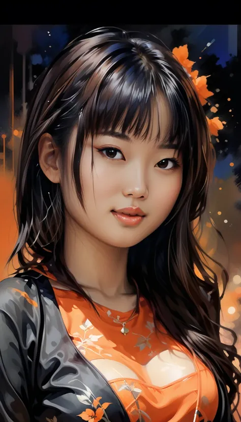 Young Asian girl, black orange outfit, stylized blender aesthetic, fantastic and surreal composition, digital watercolor wax style and wash intricate watermark images, meticulous craftsmanship infinite artistic style, stunning night vision visually dark in...