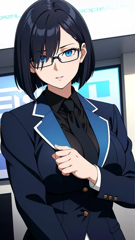 (best quality:1.5, highres, UHD, 4K, detailed eyes, detailed lighting, detailed hair, shaders), black hair, bob cut, hair covering one eye, cool woman, cool girl, sharp eyes, blue eyes, beautiful, large breasts, formal suit, necktie, jacket, with glasses