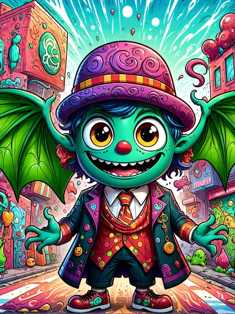 (masterpiece，Best quality:1.2)，Graffiti style，Cartoon Characters，Vector illustration，(A Cthulhu monster:1.5)，Dress up as a clown，With a mischievous smile on his face，Eyes wide open，sparkling，His figure is slender，Dressed in chaotic and brightly colored clo...