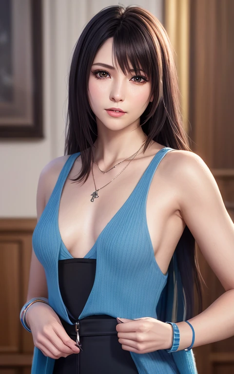 rinoa, blue duster, blue wristbands, holding necklace, portrait body, unparalleled masterpiece, ultra realistic 8k CG, perfect artwork, clean, beautiful face, pure face, pale skin, intricate detail, prestige, gorgeous, luxury, fancy ballroom