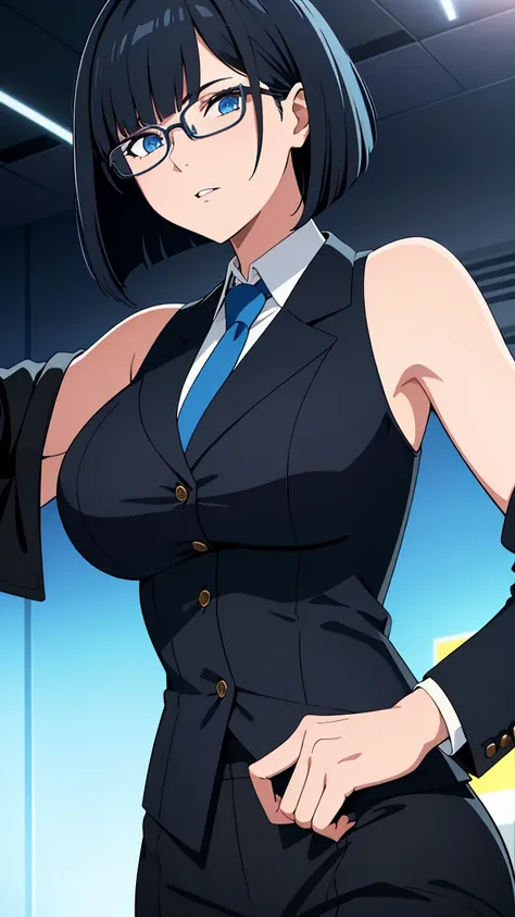 (best quality:1.5, highres, UHD, 4K, detailed eyes, detailed lighting, detailed hair, shaders), black hair, bob cut, hair covering one eye, cool woman, cool girl, sharp eyes, blue eyes, beautiful, large breasts, formal suit sleeveless, necktie, jacket, wit...