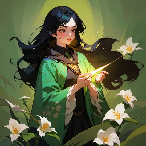 a girl with black hair and brown eyes, half body , from Hogwarts Slytherin house. making spells and potions at night outdoors  scent),(painting, drawing, or digital art), multicolored/gradient lips,(floral background:1.2)