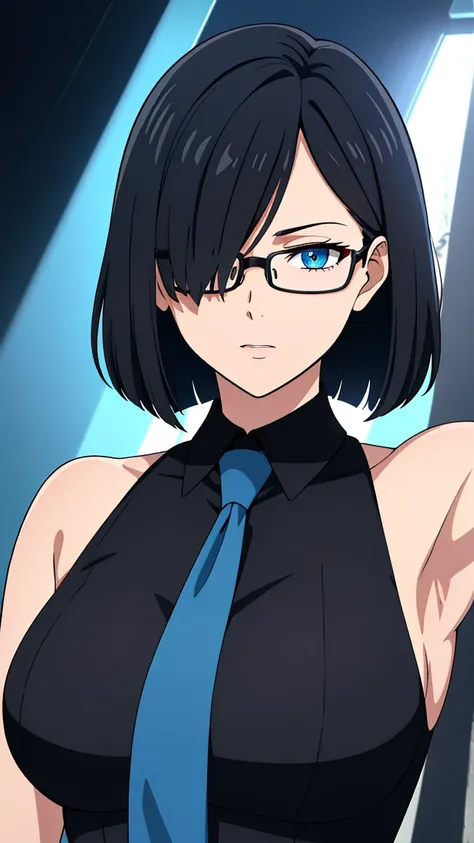 (best quality:1.5, highres, UHD, 4K, detailed eyes, detailed lighting, detailed hair, shaders), black hair, bob cut, hair covering one eye, cool woman, cool girl, sharp eyes, blue eyes, beautiful, large breasts, formal suit, sleeveless, necktie, glasses, a...