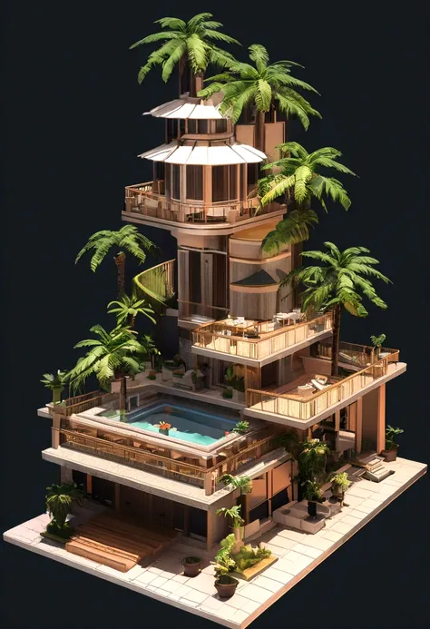 2-storey villa，Villa with pool and palm tree views, dark night environment，solid color backdrop，The house has its own lighting，stylized 3d render, isometric 8k, Futuristic villa, Isometric illustration style, isometric futuristic building, Isometric style,