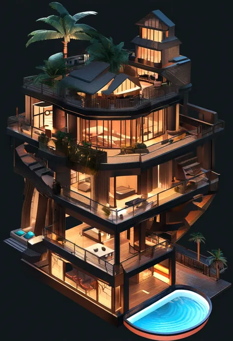 2-storey villa，Villa with pool and palm tree views, dark night environment，solid color backdrop，The house has its own lighting，stylized 3d render, isometric 8k, Futuristic villa, Isometric illustration style, isometric futuristic building, Isometric style,