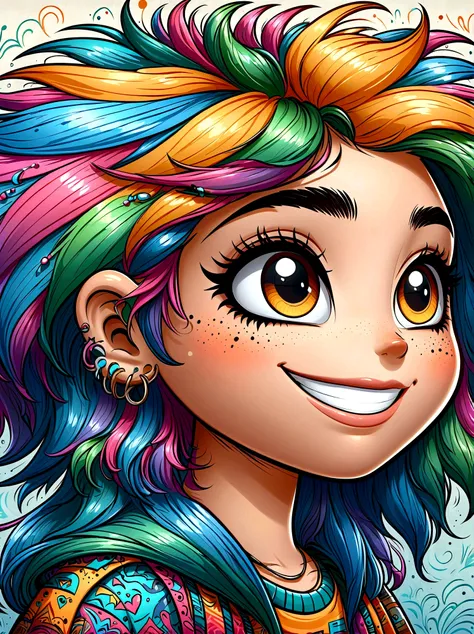 (masterpiece，Best quality:1.2)，Graffiti style，Cartoon Characters，Vector illustration，(1boy)，solo，side，Large and expressive eyes，Friendly Smile，Gorgeous clothes，Colorful hair，Unique and wild hairstyle，站在Graffiti style的背景前，Add whimsy to the scene