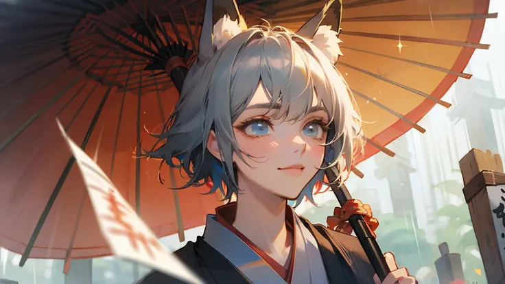 ((masterpiece, best quality) detailed,Pretty Face、beautiful eyes ,Fox ear beauty，Red and gold miko kimono　，Silver short hair ,elegant, (Fox ears)，Red Eyeshadow, shy smiley face，look up，Holding a paper umbrella，Rainy Day，Fushimi Inari Taisha Shrine is great...