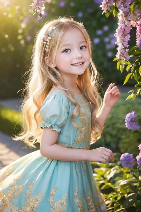 A 6-year-old beautiful girl painted in an oil painting style reminiscent of an impressionist painting.。She is fair-skinned and、With long blonde hair、She is wearing a gorgeous Rococo dress.。

The backdrop is a magnificent, gorgeous, cinematic palace。Gentle ...