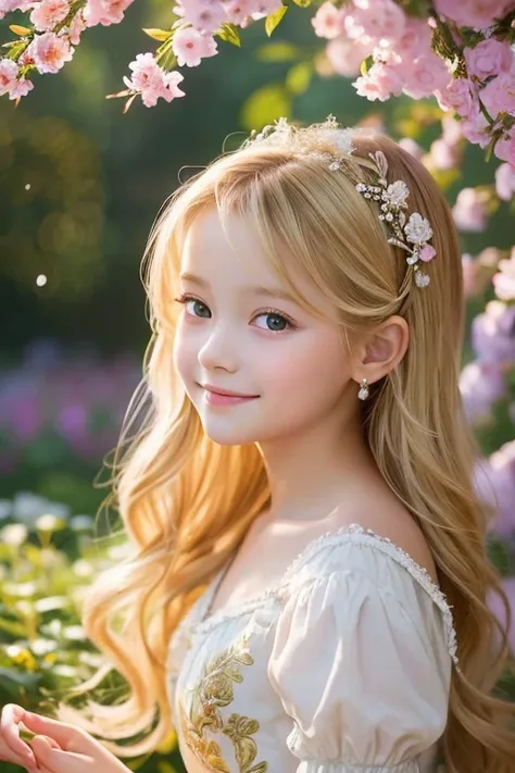 A 6-year-old beautiful girl painted in an oil painting style reminiscent of an impressionist painting.。She is fair-skinned and、With long blonde hair、She is wearing a gorgeous Rococo dress.。

The backdrop is a magnificent, gorgeous, cinematic palace。Gentle ...