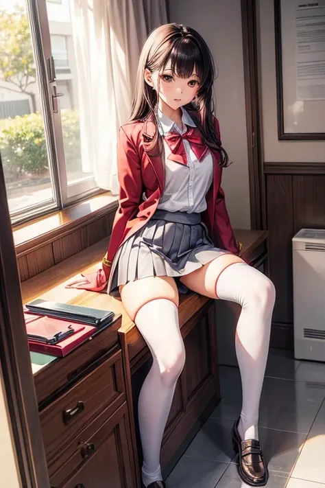 Anna Yamada (school uniform), full body, very short red miniskirt, light gray thigh-high stockings, long legs, sexy pose, showing pussy