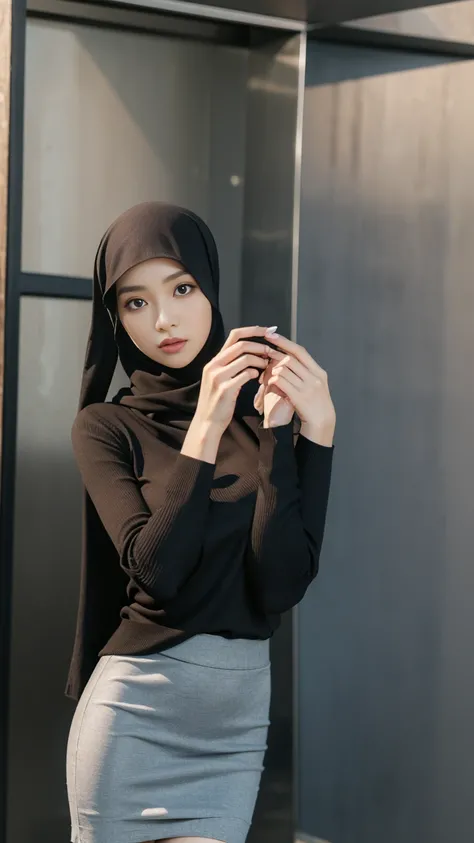 RAW, Best quality, high resolution, masterpiece: 1.3), beautiful Malay woman on hijab (iu:0.8),((big breast)), perfect nose,perfect lips, perfect eyes, detail :1.2),big breast,wearing black skirt and blue sweater, short skirt, short sexy skirt, wearing elo...