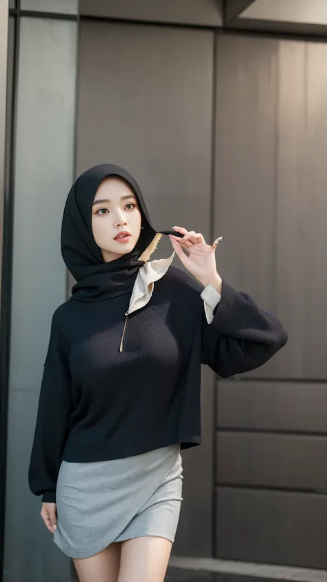 RAW, Best quality, high resolution, masterpiece: 1.3), beautiful Malay woman on hijab (iu:0.8),((big breast)), perfect nose,perfect lips, perfect eyes, detail :1.2),big breast,wearing black skirt and blue sweater, short skirt, short sexy skirt, wearing elo...