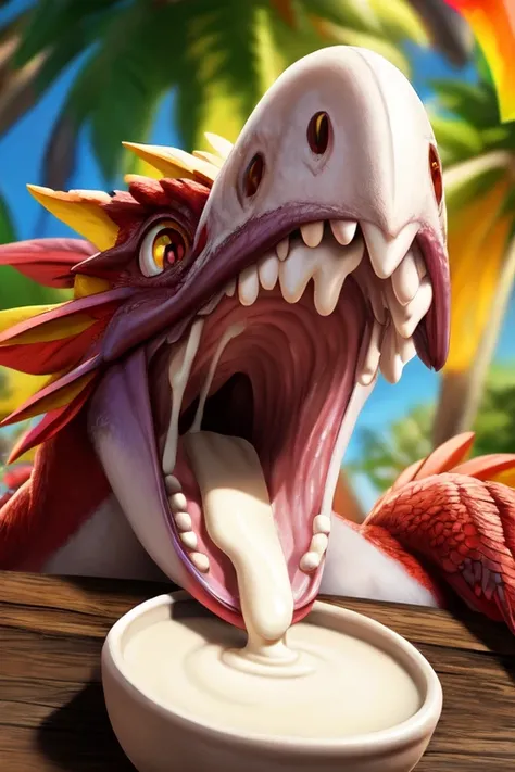 Single mythical, small, colorful, feathered wyvern with no teeth, wyvern dead on top of a table. large wide open mouth coconut with milk dripping inside mouth, surprised face with cute eyes facing the camera close up, photorealistic. Coconut Milk dripping ...