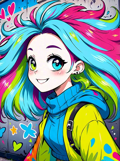 graffiti style，cartoon characters，vector illustration，side，large and expressive eyes，friendly smile，gorgeous clothes，colorful ha...