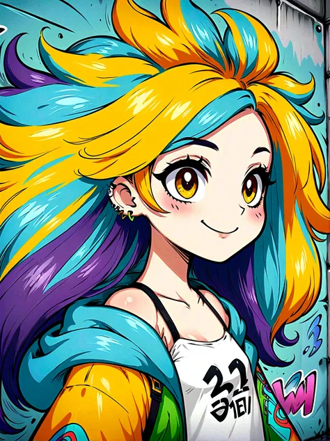 Graffiti style，Cartoon Characters，Vector illustration，side，Large and expressive eyes，Friendly Smile，Gorgeous clothes，Colorful hair，Unique and wild hairstyle，站在Graffiti style的背景前，Add whimsy to the scene