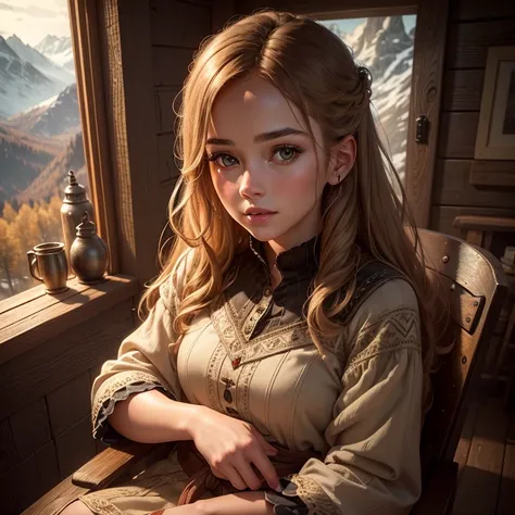 a beautiful girl sitting on a chair, hands behind her waist, in a rustic cabin, intricate detailed face, detailed eyes and lips, elegant posture, photorealistic, highly detailed, cinematic lighting, warm color tones, natural scenery, wooden interior, cozy ...