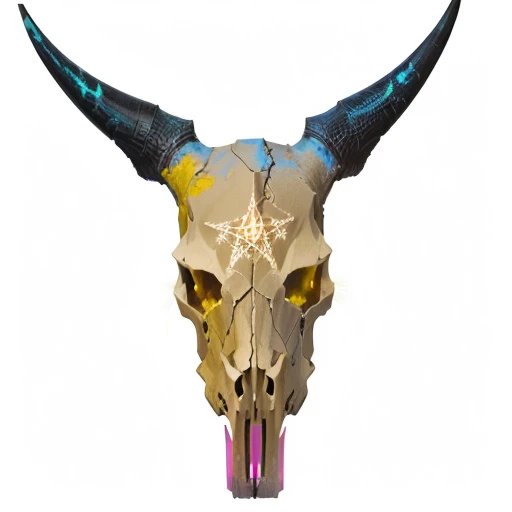 a close up of a cow skull with horns and a pentagram, cow skull, bull head, an ox, neon, stylized cyberpunk minotaur logo, ox, copper goat skulls, exist, rino, horned, bull, with an animal skull for a head, animal skull, album art, mastodon, album artwork,...