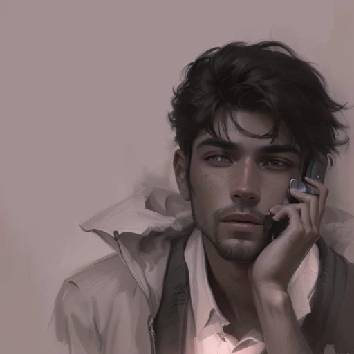 there is a man that is talking on a cell phone, an expressive digital painting, 2d portrait, digital matt painting, mostly greyscale, digital sketch, drawn with photoshop, speedpaint, lowres, soft digital painting, smooth. digital painting, digital portrai...