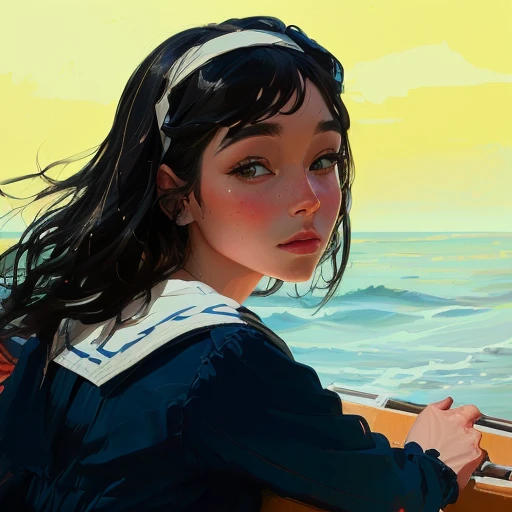 painting of a woman sitting on a boat looking out at the water, an expressive digital painting, in the art style of bowater, digitally painted, inspired by Alice Neel, digital painted, inspired by Alex Katz, stylized portrait, a digital painting, digital p...