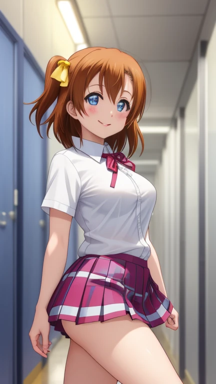 solo, kousaka honoka, blue eyes, breasts, blush, smile, short_hair, glossy lips, bangs, medium breasts, school, hallway, otonika...