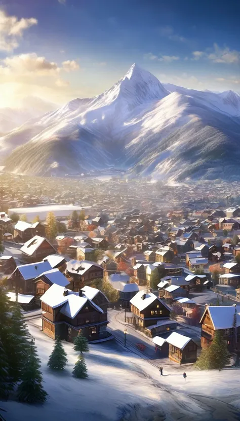 (masterpiece, best quality:1.2), ht,a computer generated image of a city surrounded by mountains and snow covered hills with a bright light shining on the city