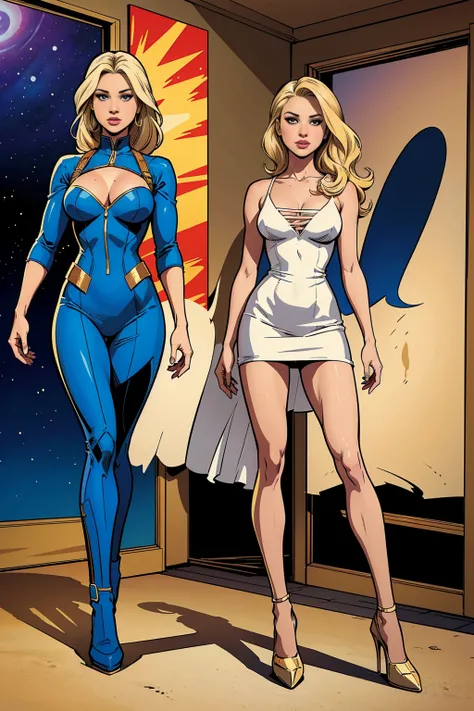 ((full body photo)) Comic storyboard:1.8, Cartoon comic strips,comic strip:: Jennifer Lawrence,Selena Gomez(1 mujer) The full body of a 30 year old blonde,Vestido con un hermoso traje de capitana. ,En una casa futurista, estilo comics marvel, hiper hd, 24K...