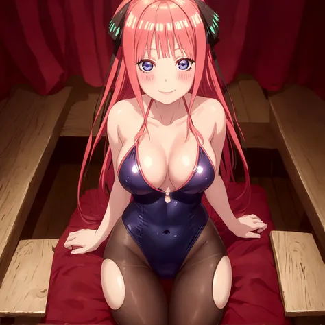 masterpiece, best quality, insanely detailed, beautiful, nino nakano, one-piece swimsuit, breasts, pantyhose, blush, smile, legs spread,