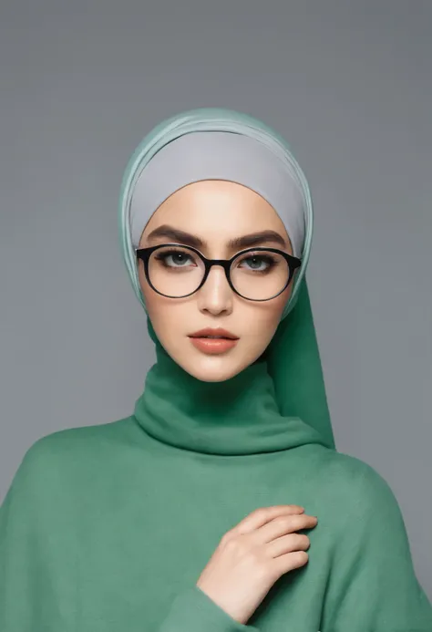 Young women,, green sweater, grey hijab ,with glasses, pin hijab acesoris,