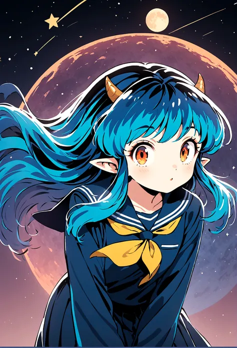 takahashi rumiko style,(1 girl,lum,long hair,bangs,blue hair,orange eyes,horns,pointy ears,aqua hair,oni horns,(eyeshadow),(shir...