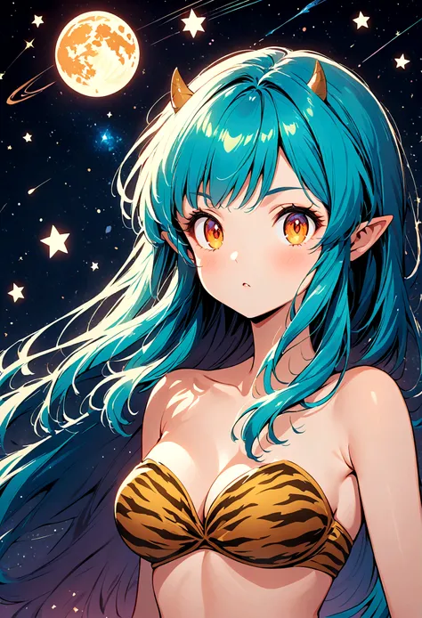 takahashi rumiko style,(1 girl,Lum,long hair,bangs,blue hair,orange eyes,horns,pointy ears,aqua hair,oni horns,(eyeshadow),,navel, cleavage, swimsuit, bikini, strapless, animal print, yellow bikini, tiger print, strapless bikini,,the character Lum from "Ur...