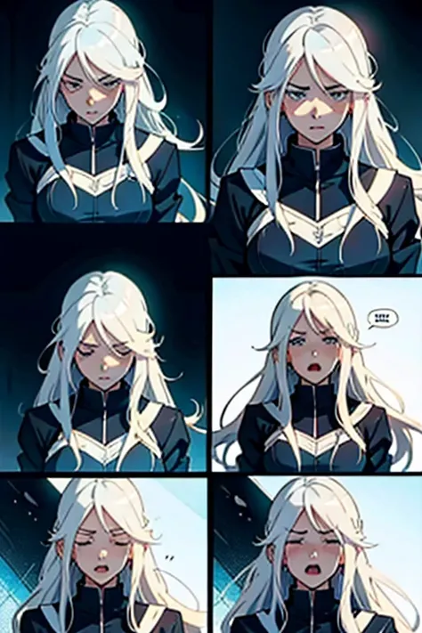 Girl with long white hair crying while fighting, manga page with panels and dialogue 