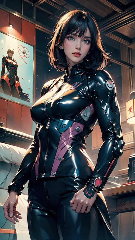 Ghost in the Shell in 90s vintage anime style, Robotics, SF, Futuristic, Surrealism, Akira Style, First action, Detailed line drawing, Fine details, Greg Rutkowski Makoto Shinkai Kyoto Animation Key Art Feminine Eye Shot、Kusanagi Motoko、Black Leather Suit、...