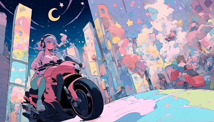 portrait、512、lofi、Girl with headphones 、night、Pastel colors、Painting, lots of stars and moon, super big breast,pank rock,portrait、512、lofi、Girl with bike、City view、Pastel colors、Painting, lots of stars and moon, super big breast,Riding a motorcycle and goi...