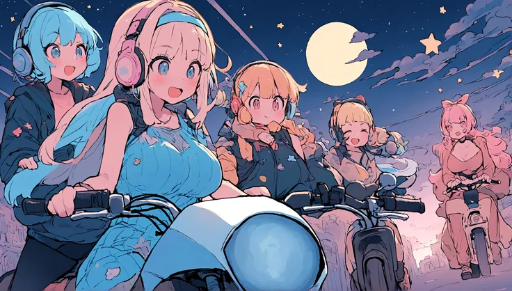 portrait、512、lofi、Girl with headphones 、night、Pastel colors、Painting, lots of stars and moon, super big breast,pank rock,portrait、512、lofi、Girl with bike、City view、Pastel colors、Painting, lots of stars and moon, super big breast,Riding a motorcycle and goi...