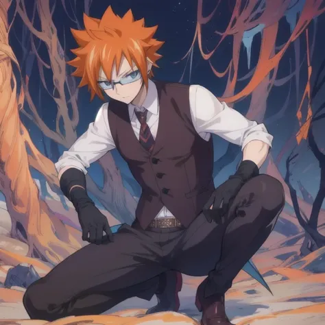 masterpiece, best quality, , 1boy, solo, male focus, looking at viewer, full body, , ligne claire, , loki_fairy_tail, orange hair, black eyes, leather gloves, spiked hair, waistcoat, fairy_tail,